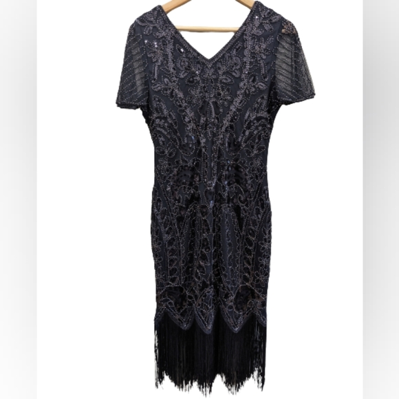 Black Beaded Sequined Halloween Flapper Dress with Fringe Size Medium - Picture 6 of 12